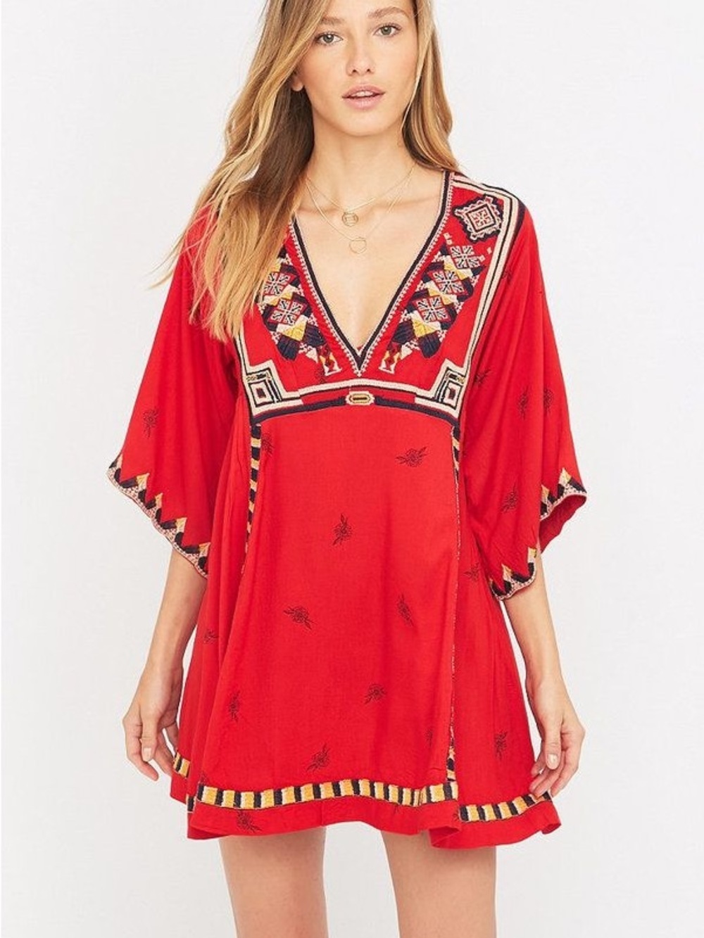 Free People Tulum mini dress features vibrant geometric embroidery